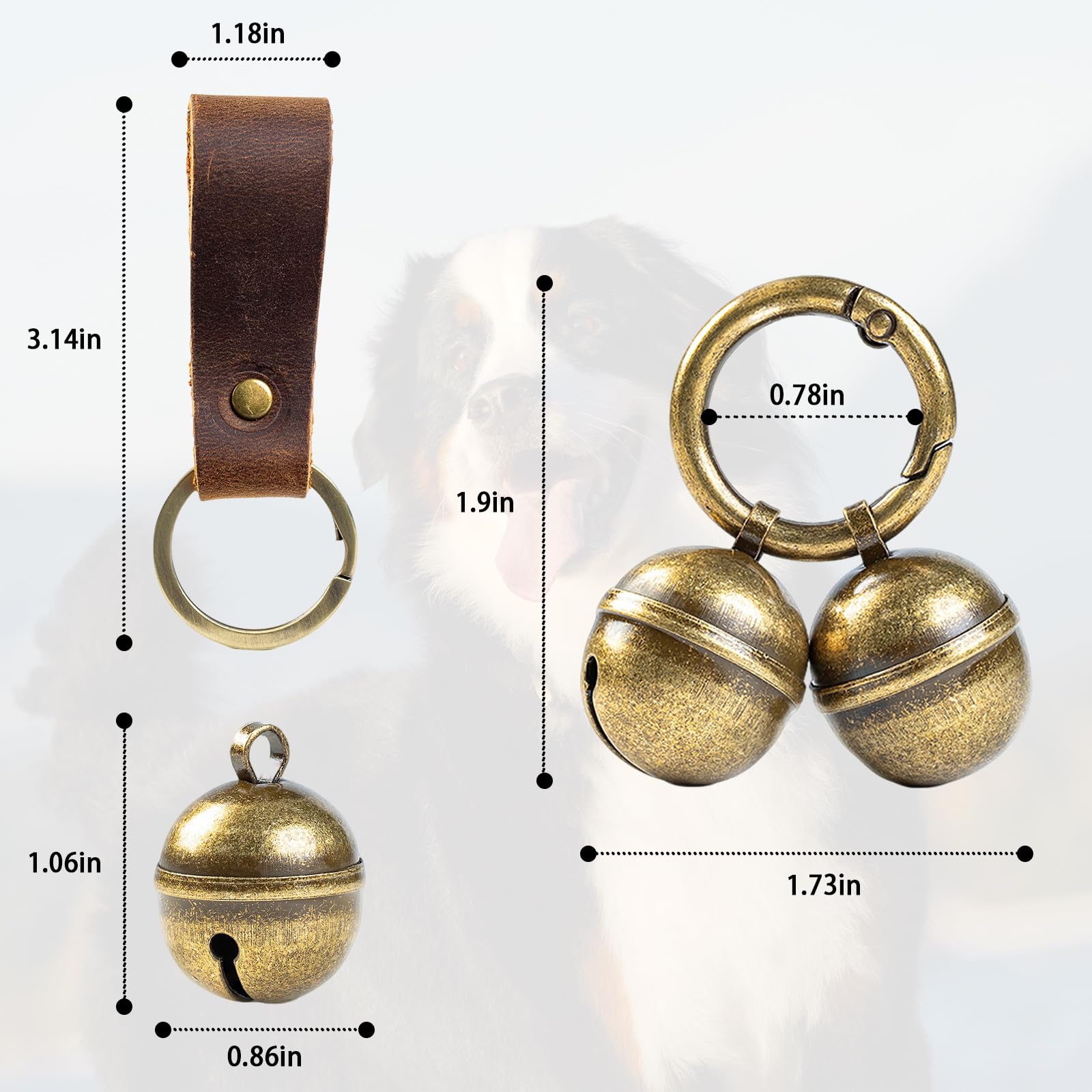 Geehouz Loud Dog Collar Bells, Durable Pet Bells Tracker for Large Dogs, 4 Copper ells and 2 Leather Button Strap for Outdoor Safety, Pet Tracking, Hiking, Walking
