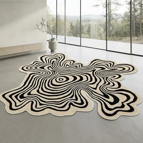 Irregular Shaped Black Beige Large Square Rug 5x5 Illusion Abstract