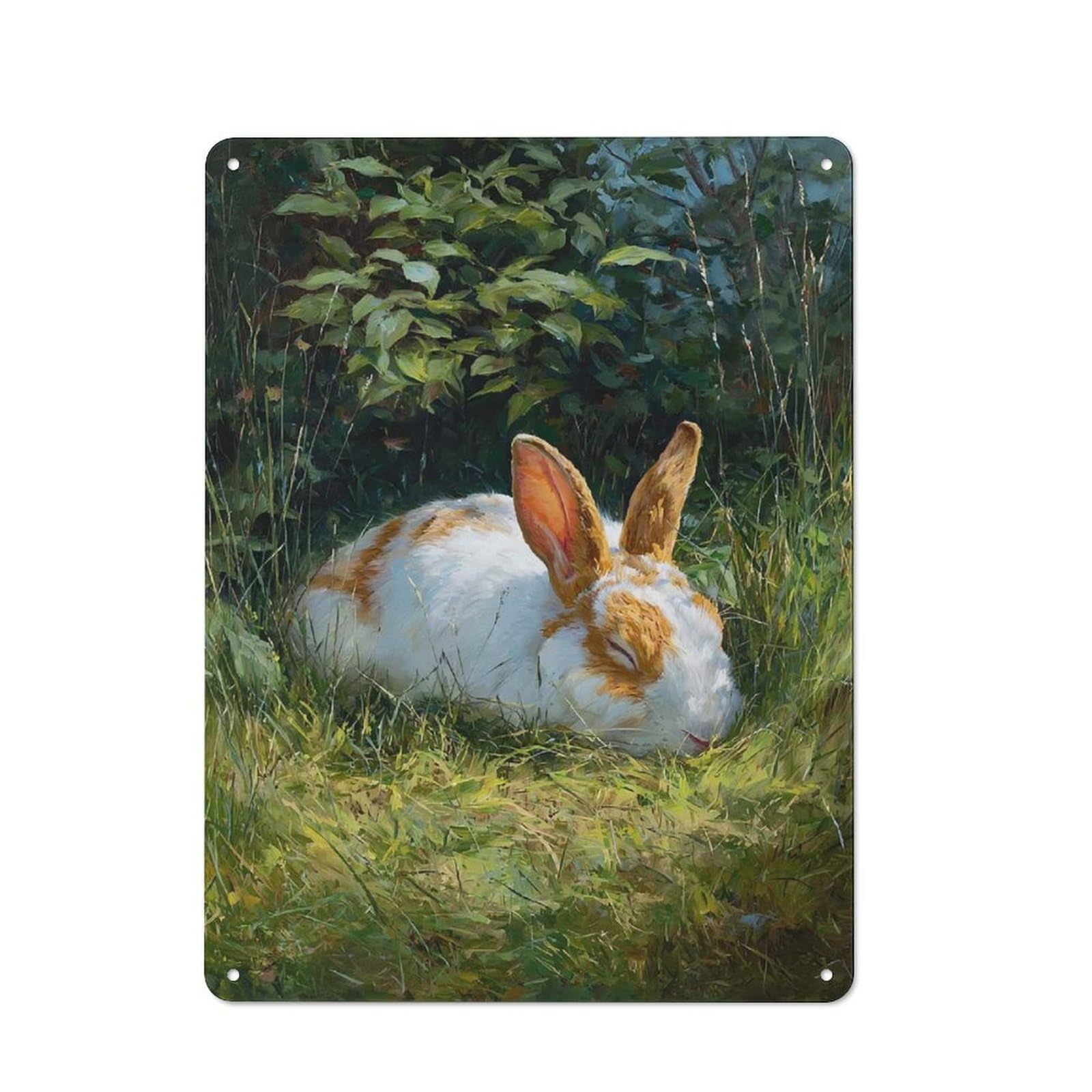 Sleeping Rabbit in Lush Greenery Retro Metal Plaque 40x30cm for Café Or Home Bar, with Clear Retro Wall Decor Character