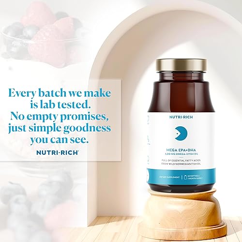 Miniatura 2 de Nutri-Rich Aceite de pescado omega-3 de 1210 mg  EPA y DHA para la salud del corazón, cerebro y articulaciones  Alta potencia, sin eructos, sabor a