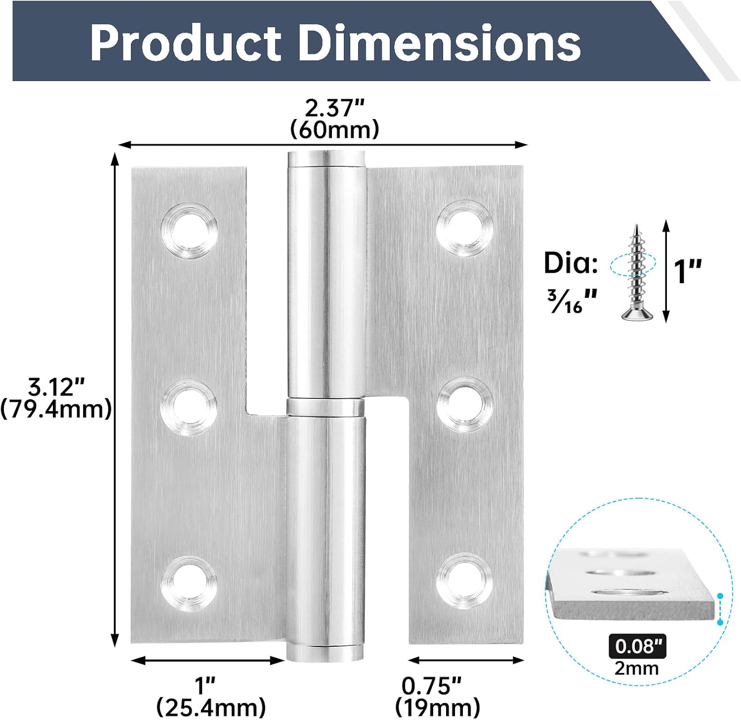 Lift Off Hinge 3" Stainless Steel Door Hinges, 6 Pack Detachable H Hinges, Right Handed, Rust-Resistant Indoor and Outdoor Removable Hinges, Loading Capacity 40 Lbs