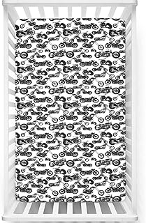 Motorcycle Themed Fitted Mini Crib Sheets,Soft Toddler Mattress Sheet Fitted - Baby Sheet for Boys Girls,White Black,24 x 38 Inch