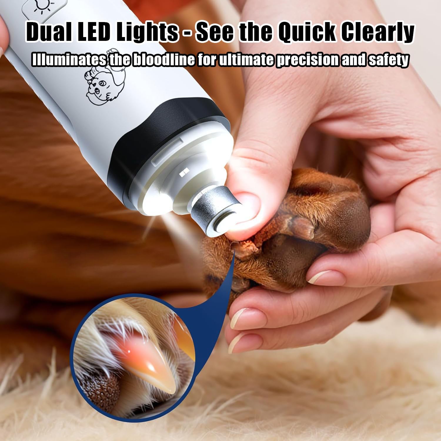 2026 New Ultra Quiet Pets Nail Grinder with 2 Lights,Adjustable 3 Speeds Dog Nail Trimmers,2000mAh Rechargeable,Painless Paws Grooming Pro for Small Medium Large Dogs & Cats (2 Replacement Heads) - image 8