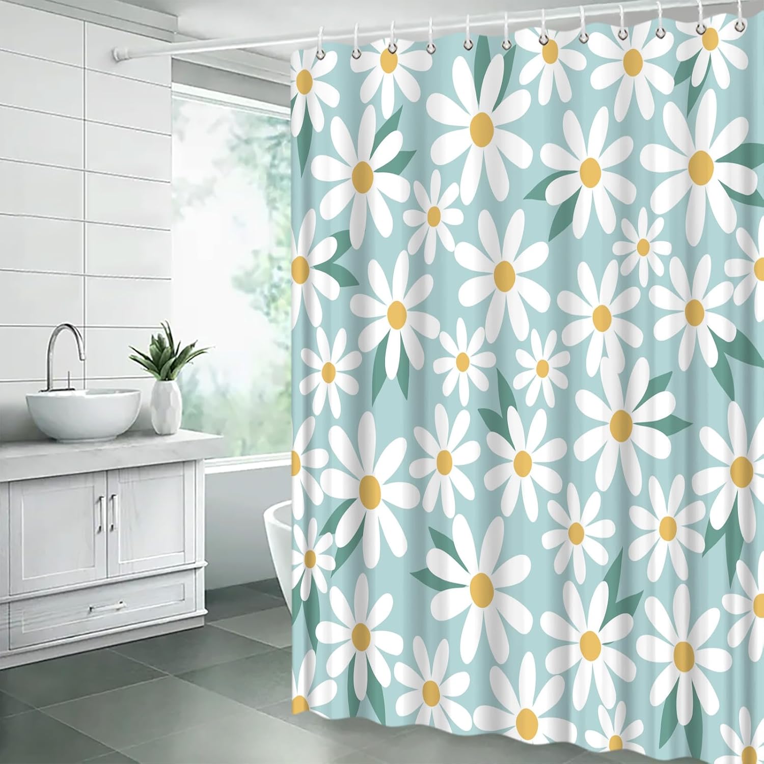 Blue Shower Curtain 78" Wx70 H,Cute Daisy Floral Flower Modern Aesthetic Girly Fabric Bathroom Decor Curtains with Hooks,