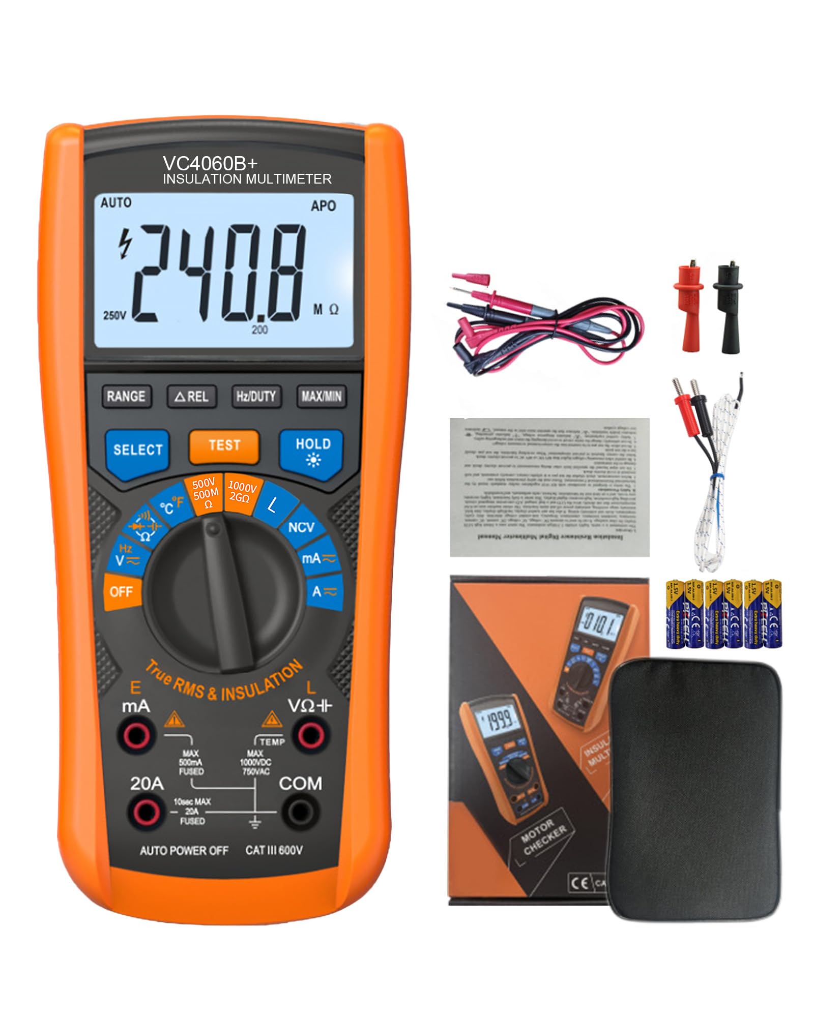 Digital Multimeter & Insulation Resistance Tester 2-in-1 VC4060B, 6000-Count True RMS Voltmeter, 60MΩ/750V/20A, Non-Contact Voltage Detection, Capacitance/Inductance/Temp, Backlit for Motor Inspection