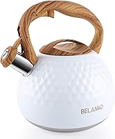 Vista 12 de BELANKO - Tetera de acero inoxidable de 2.7 cuartos de galón para estufa, de grado alimenticio con mango de patrón de madera, con silbido fuerte