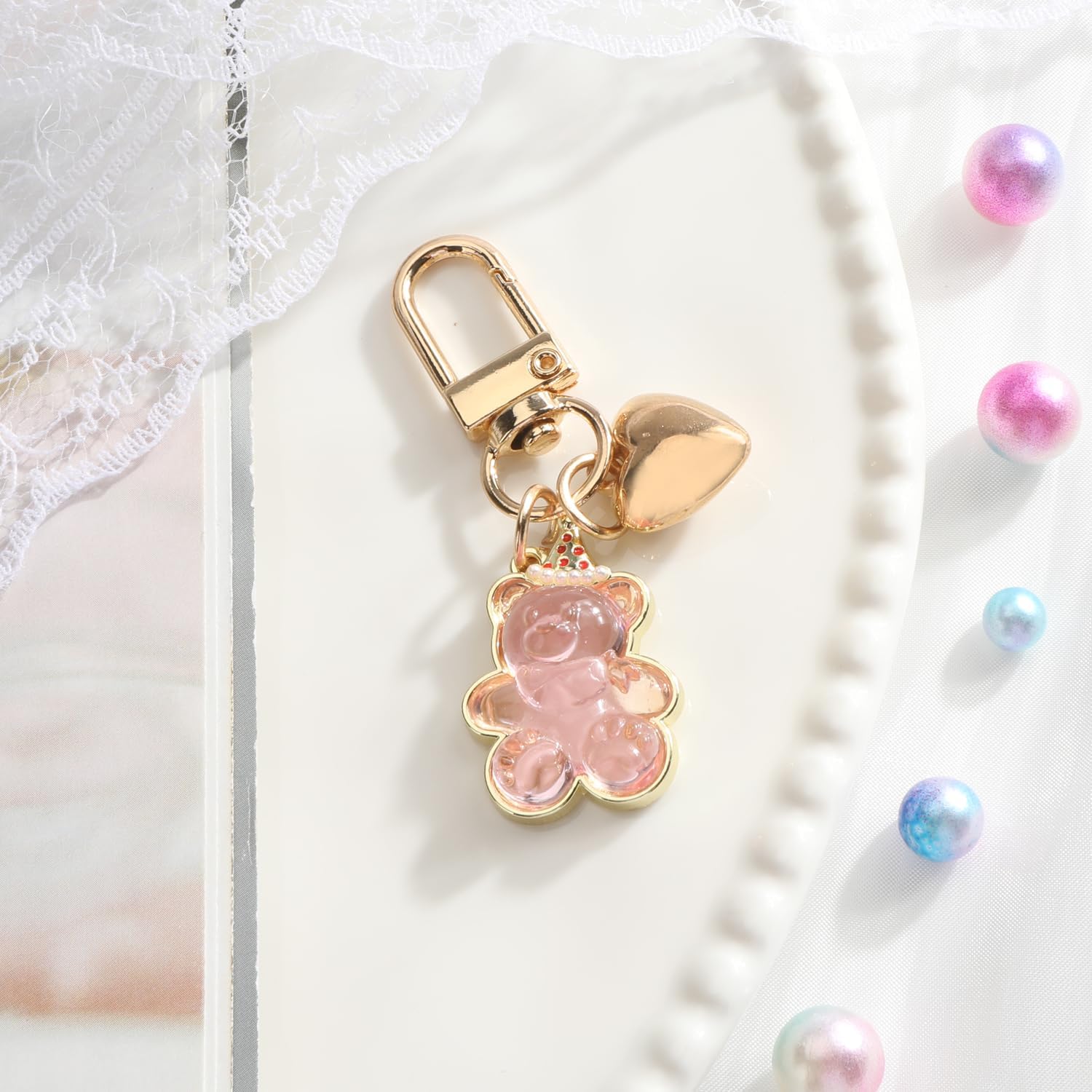 Bear Keychain,Y2K Keychain with Heart Charm,Transparent Bear Bag Charm for Keys Purse Handbag Women Birthday - Image 2