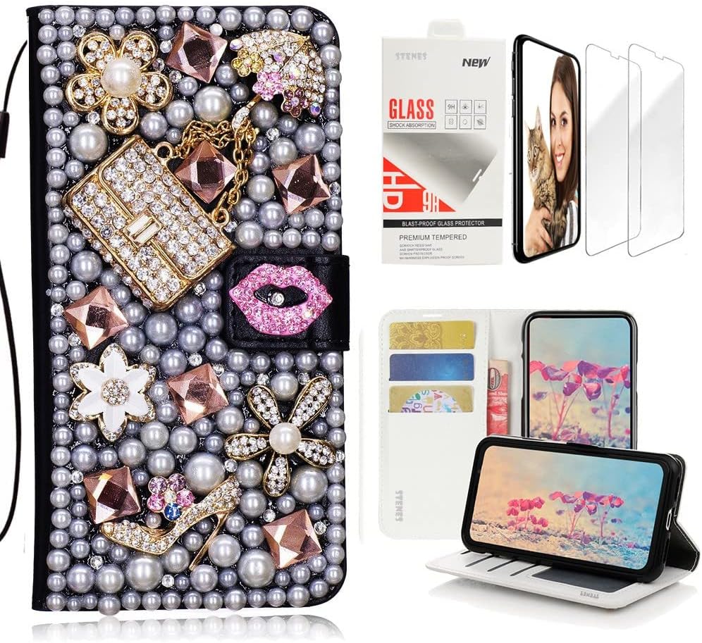 STENES Bling Wallet Phone Case Compatible with Samsung Galaxy A14 5G - Stylish - 3D Handmade Butterfly Rose Flowers Design Leather Cover with Screen Protector [2 Pack] - Green