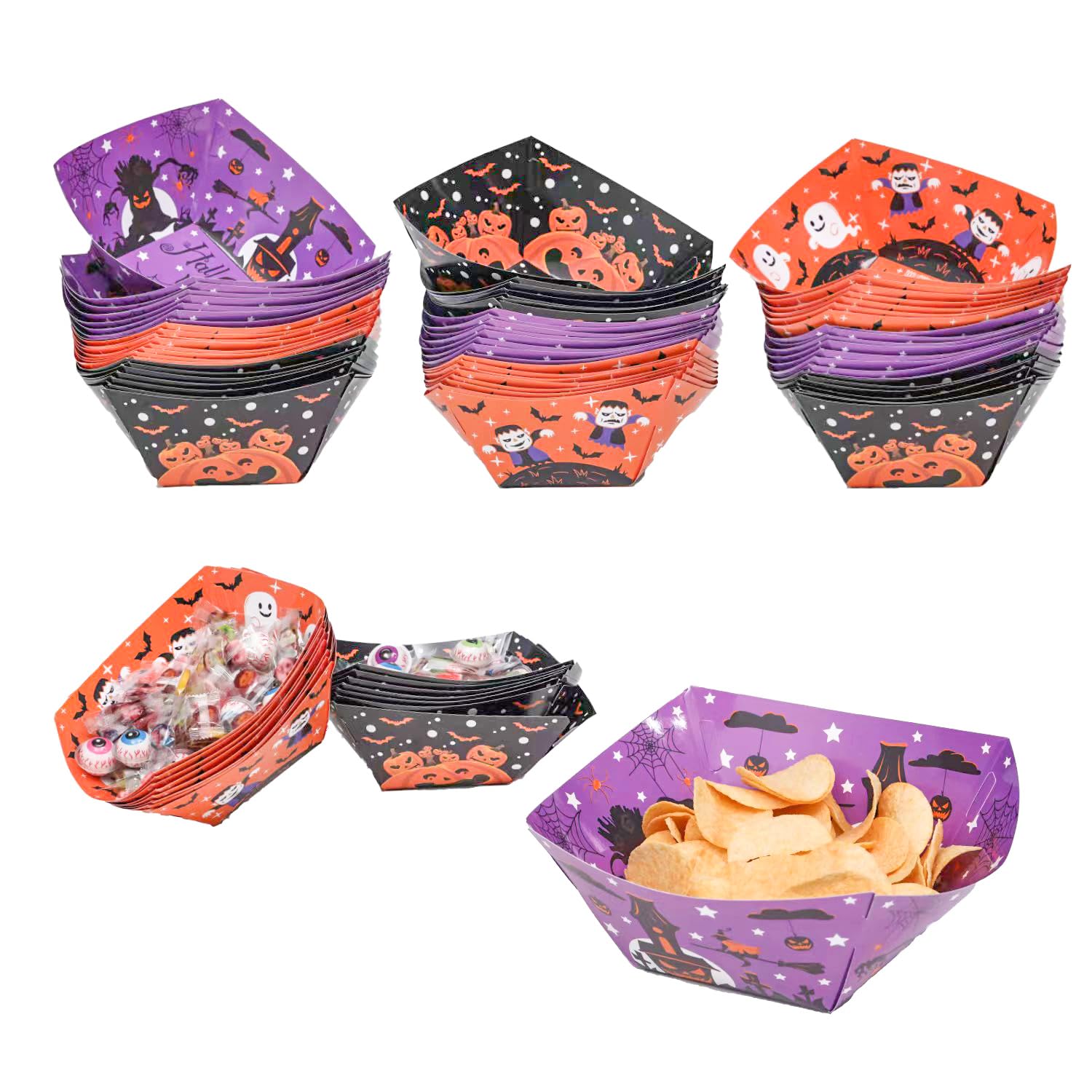 Ouksma 24 Pcs Halloween Paper Food Trays Halloween Paper Food Boats Halloween Paper Bowls Halloween Party Serving Trays Disposable Halloween Snack Candy Food Holder Halloween Party Supplies