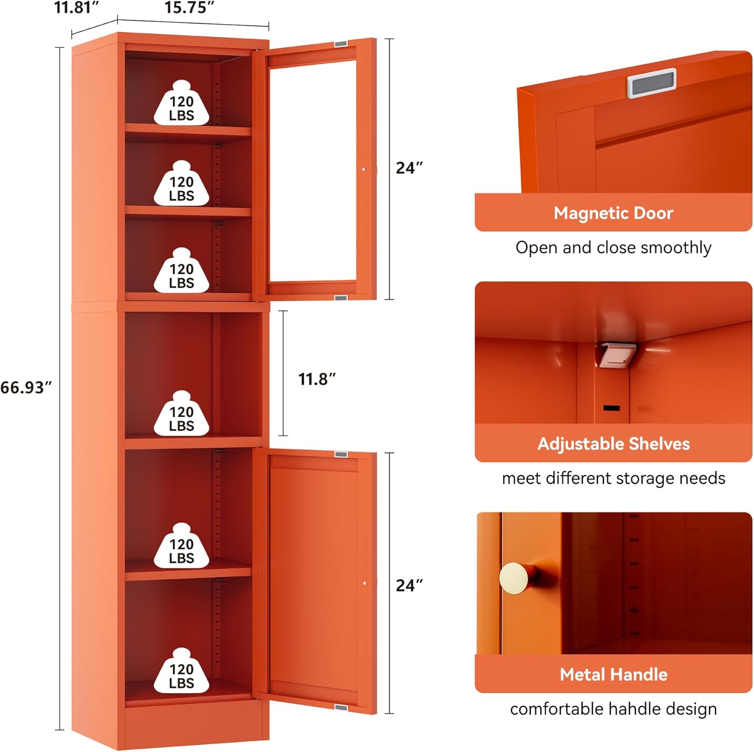 2-Door Metal Storage Cabinet, Tall Slim Pantry Organizer with 3 Adjustable Shelves (120LBS/Shelf), Anti-Tipping Waterproof Cabinet for Bathroom/Kitchen/Home Office/Small Spaces,(1PC,Orange)