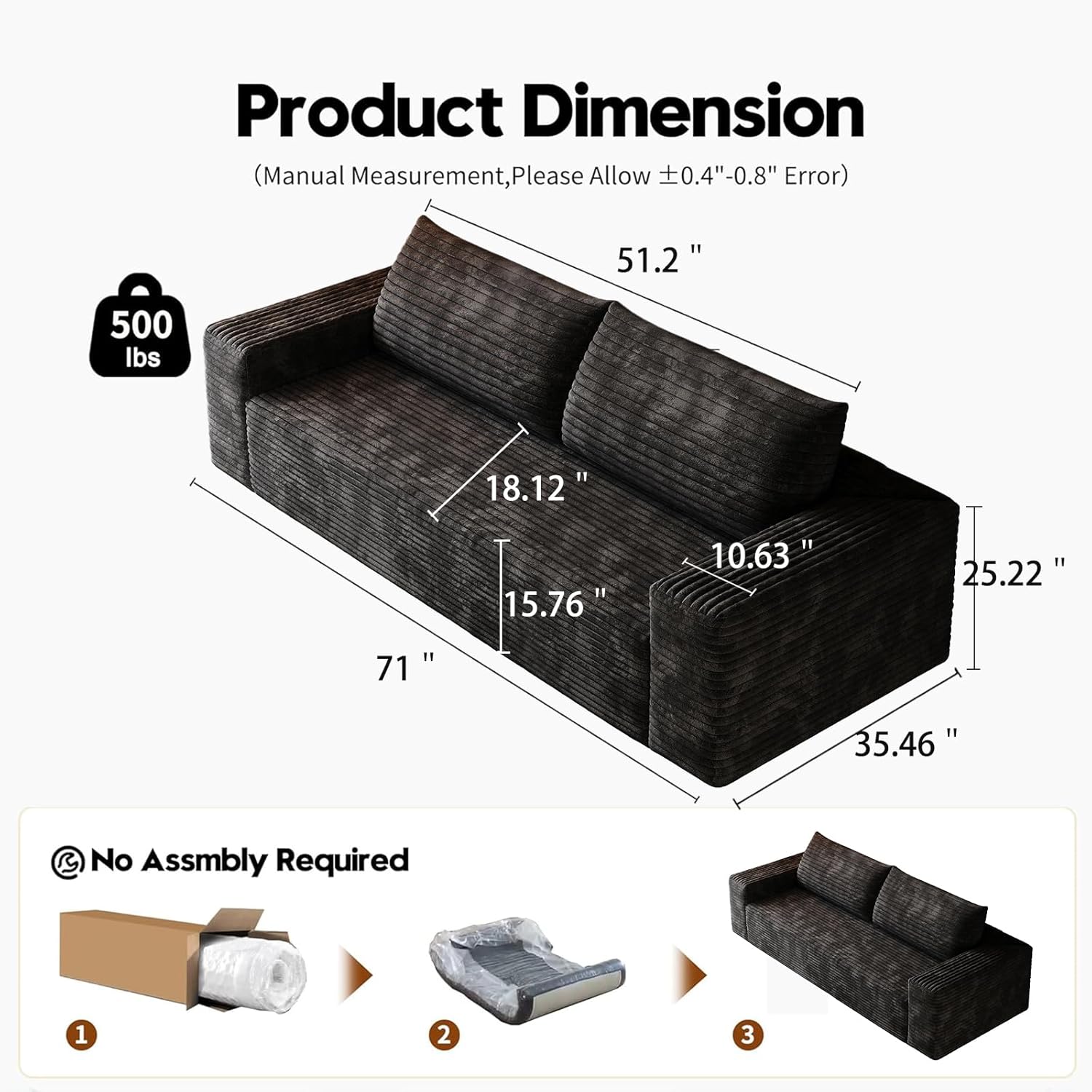 71" Loveseat Sofa, Boneless Corduroy Modular Couch, No Assembly Required Cloud Sofa with Deep Seat Memory Foam for Small Spaces, Comfy Couch for Apartment Living Room and Office (Black)