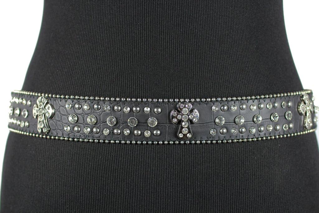 Deal Fashionista BLACK Western Rhinestone Cowgirl CROSS Bling Studded Removable Buckle Belt