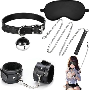 Mens Collar with SM Lead, Wrist Cuffs, Blindfold, 3-Piece Set, Neck Cuffs with Bell, Cute, Painless, Adjustable, Unisex, Black