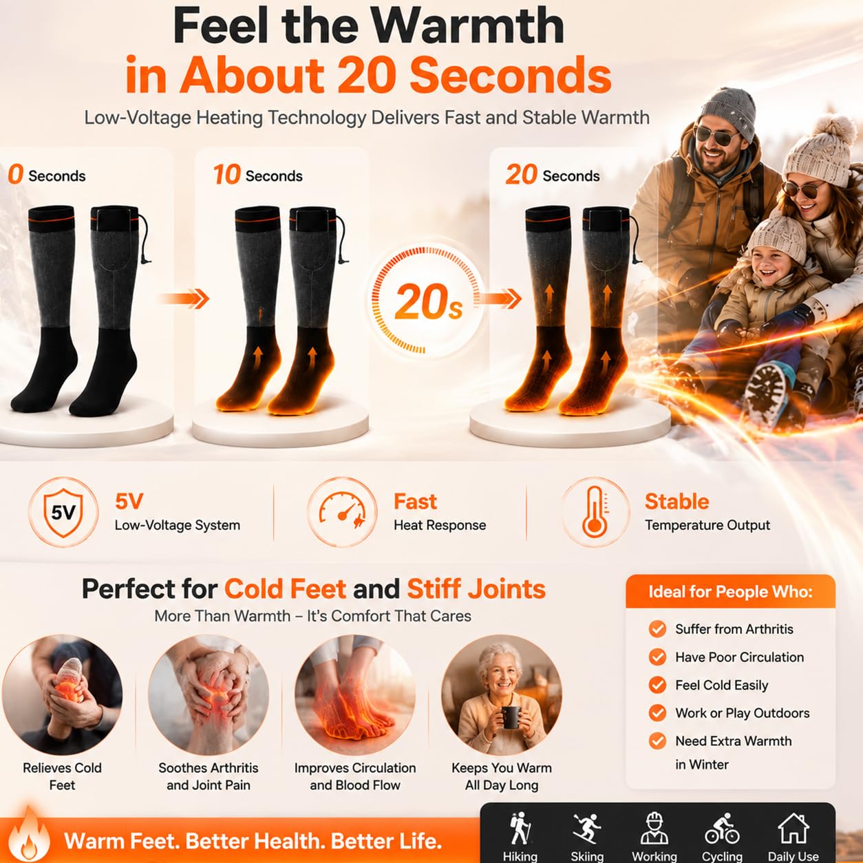 Chaussettes chauffantes rechargeables pour homme et femme - Batterie 5 V 6000 mAh - Chaussettes chauffantes électriques avec 3 niveaux de chaleur - Zone complète des pieds - Chaussettes thermiques