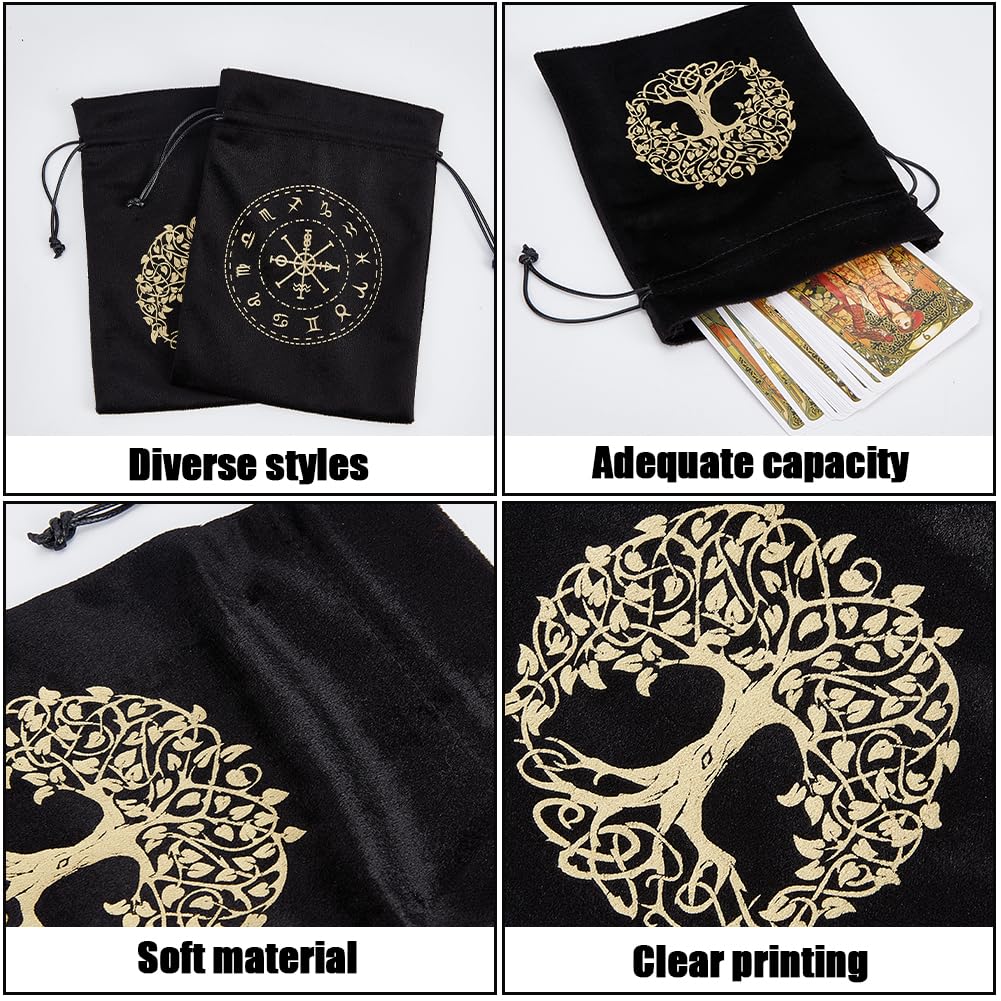 CREATCABIN 2 Bolsa Tarot Terciopelo Almacenamiento Tarjetas Tarot,12 Constelaciones,Bolsa Árbol la Vida,Soporte para Runas con Cordones,Grande para Cartas Tarot,Joyería Cristal,Dados,18x13cm,Negro