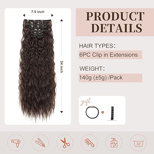Miniatura 4 de YOGFIT Extensiones de cabello sintético largo y ondulado con clip, de 24 pulgadas, 6 unidades, balayage, color marrón oscuro, grueso, fibra