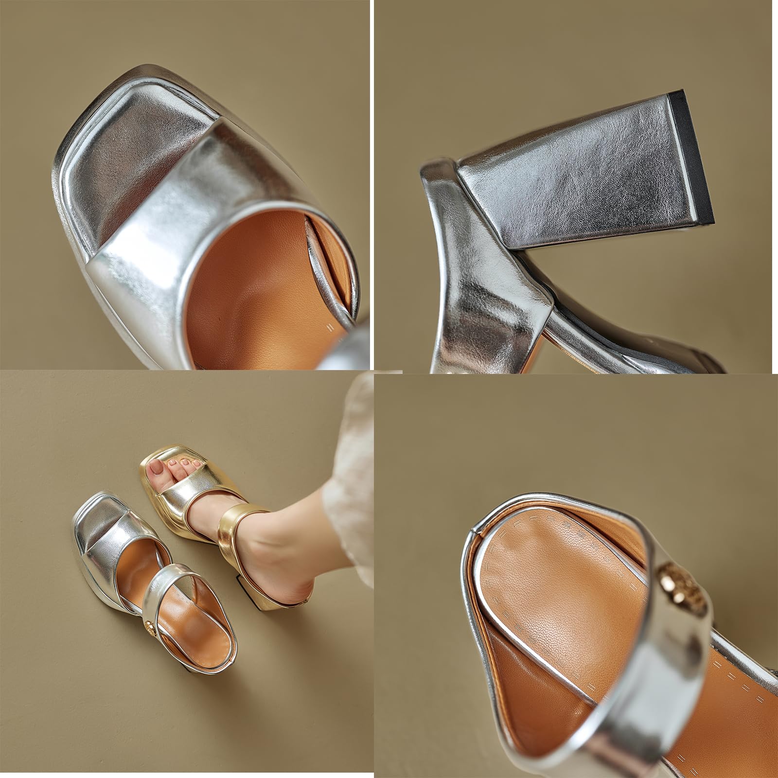 Damen Pantoletten mit Blockabsatz und Plateau, Elegante Sandaletten mit Rosen-Verzierung und Doppelriemen, Eckige Zehenpartie Mules für Hochzeit Party - Gold, Silber