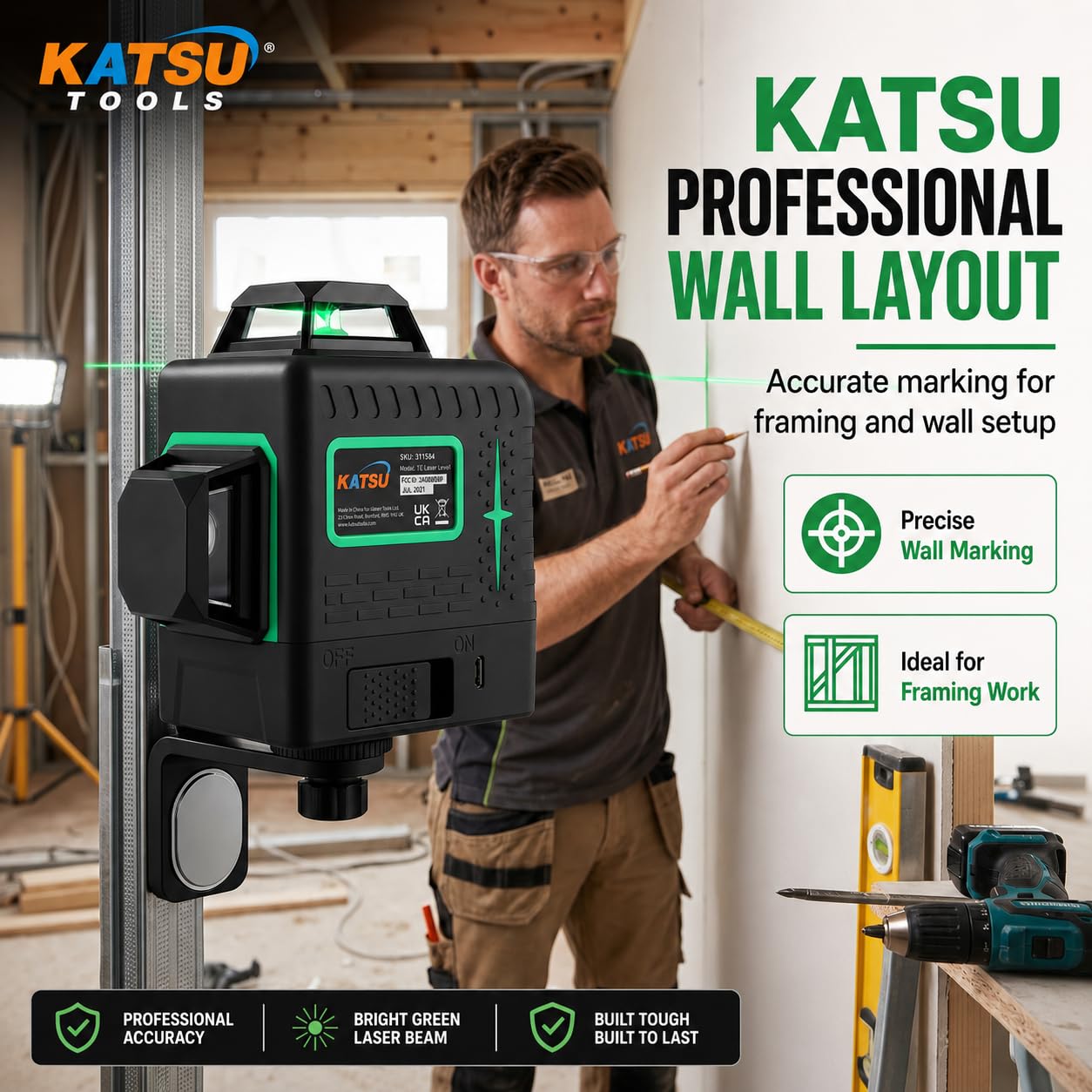 KATSU Niveau Laser 3D 12 Lignes, 3x360 Degrés Ligne Croix Verte Horizontale Verticale Auto-nivelant Carrelage de Sol Outil Laser avec Mode Impulsion pour Intérieur et Extérieur, 2X Piles Incluses