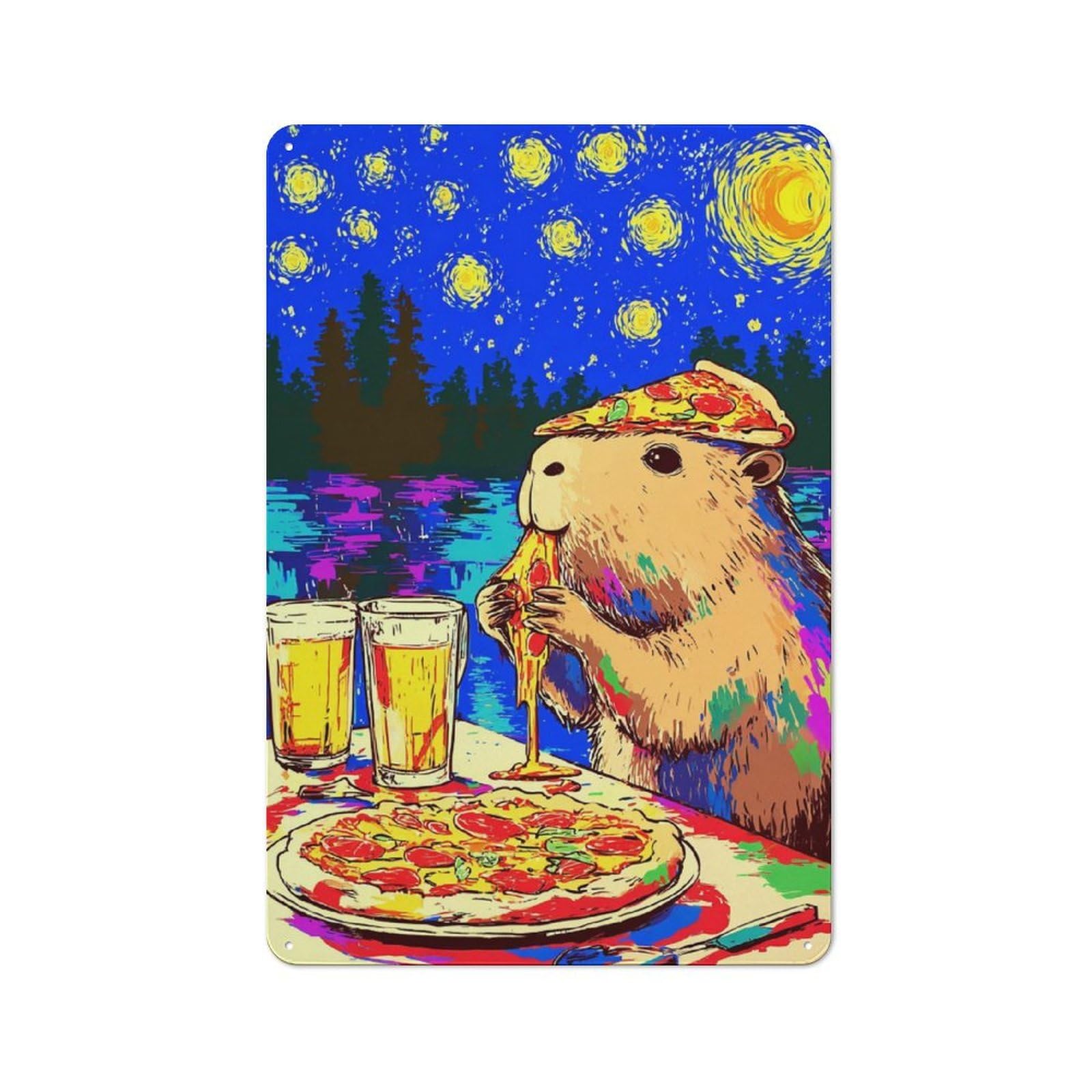 Junmoney Beaver Eating Pizza Under Starry Sky Rustic Tin Wall Plaque 30X20cm Featuring For Pub Or Café, A Decorative Christmas Gift For Café Interior Fans