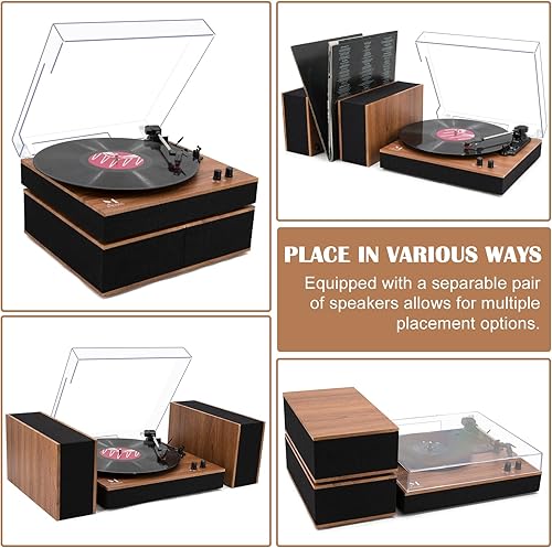 Miniatura 6 de MPK - Tocadiscos Bluetooth, sistema de alta fidelidad con altavoces de estantería, tocadiscos de vinilo de 3 velocidades con transmisión por correa