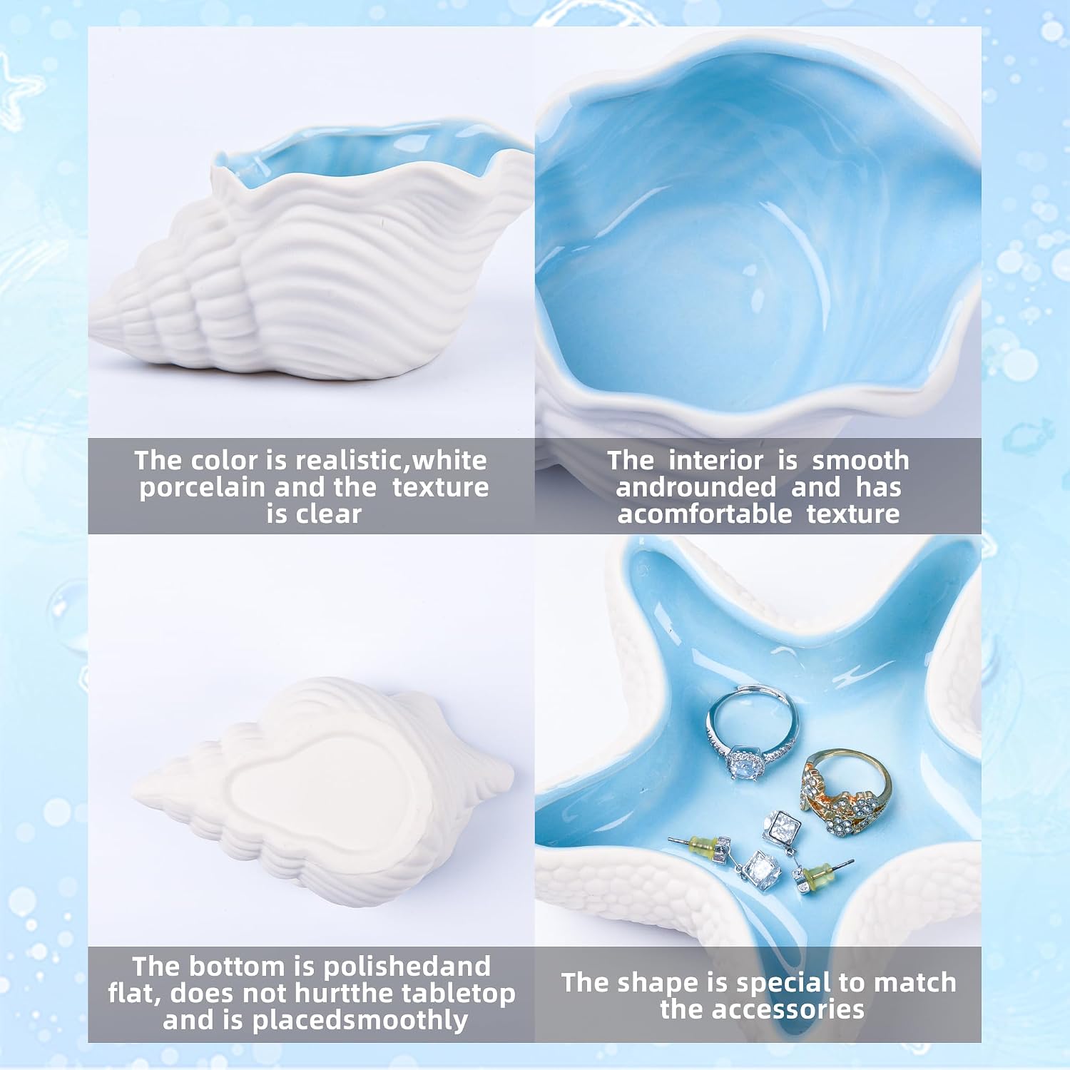 Ocean Ceramic Jewelry Tray, Starfish Conch Seashells Mermaid Decorative Trinket Dish Holder for Ring Earrings Necklaces Bracelet, Beach Themed Coastal Room Bathroom Decor Gifts (2, Starfish&Conch)