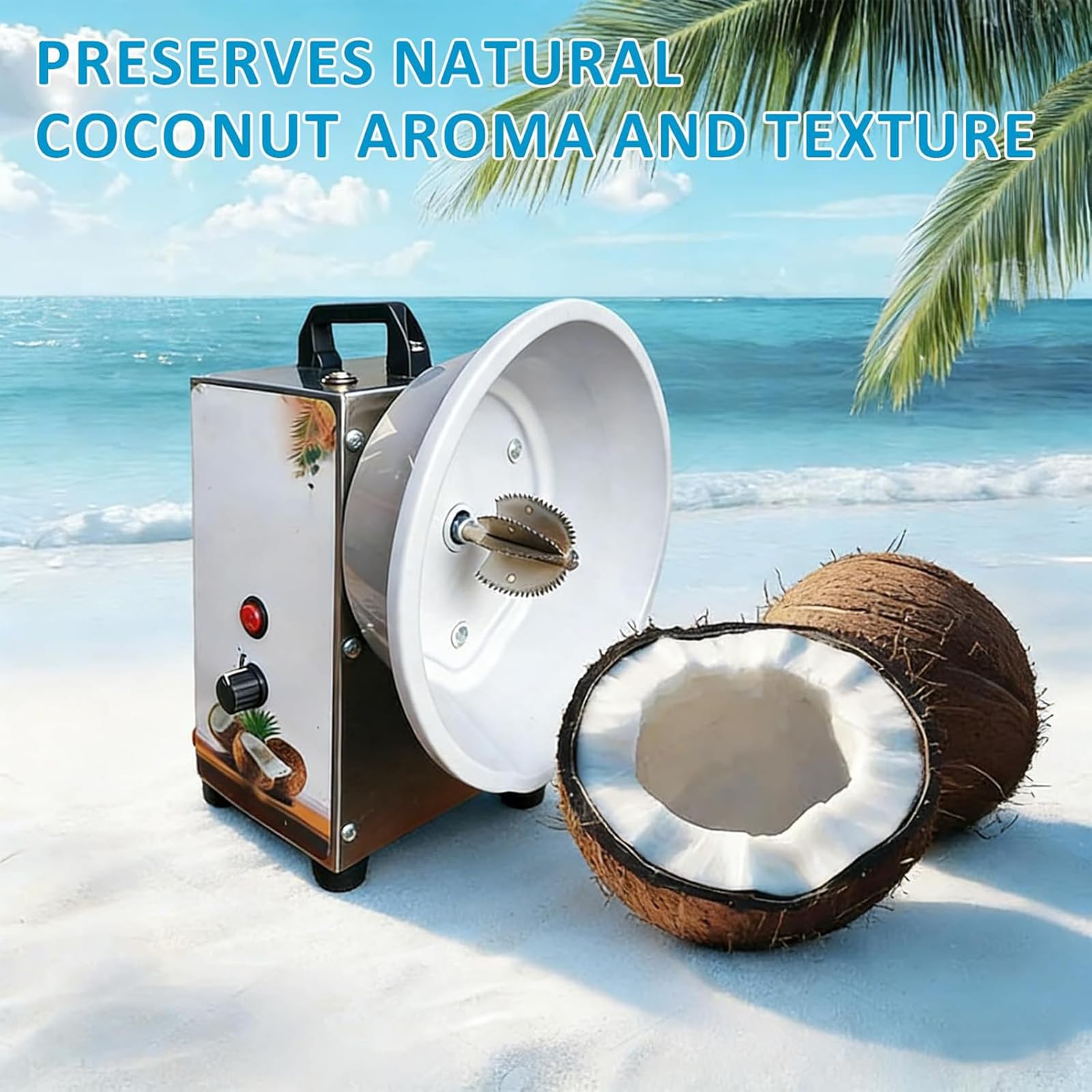 Grattugia verticale per cocco, trituratore elettrico in acciaio inox per fiocchi, velocità regolabile fino a 35 kg/h, con coperchio antipolvere e manico