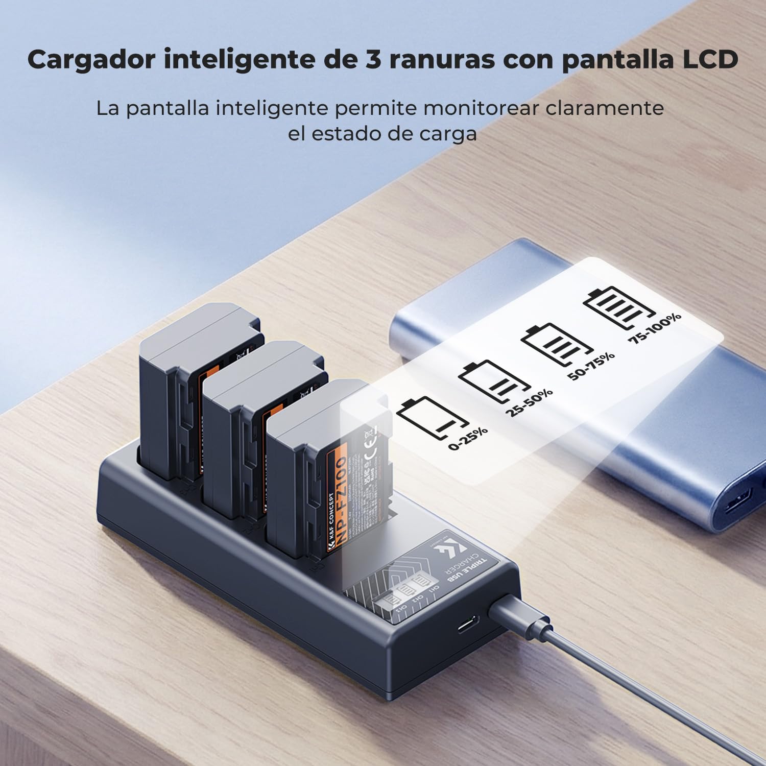 K&F CONCEPT 3-Pack NP-FZ100 Batería 2280mAh y Cargador LCD de 3 Ranuras Compatible con Sony A7iii, A7iv, fx3, fx30, A6700, A7R, A9, A6600, A7Riii, A7Riv, A7R3, A7C, ZV-E10ii, A7S3 y más