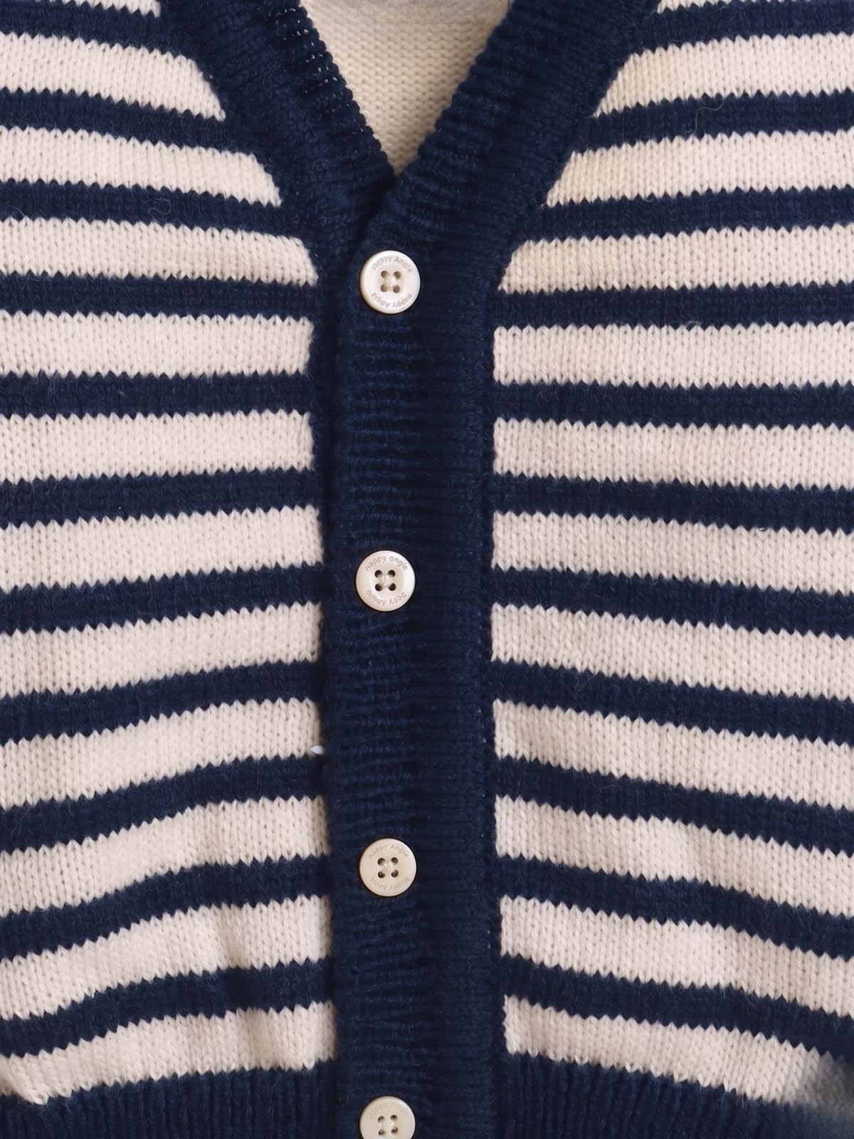 SMAZZ Baby-Boys Baby Sweater Set - Pack Of 3 | Woolen Full Sleeves V-Neck Striped For 3 To 6 Months Cardigan, Cap & Socks - Navy & Cream 3