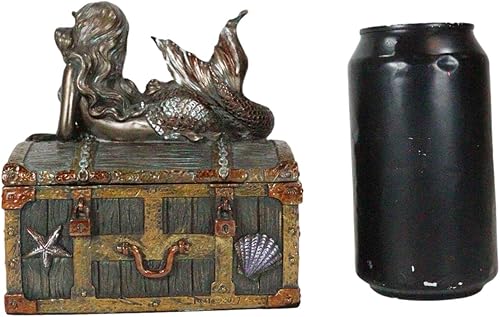 Miniatura 7 de Ebros - Joyero de sirena bronceada Nerida descansando en el tesoro hundido, 5.25 pulgadas de largo, recuerdo decorativo (pátina de bronce sintético)
