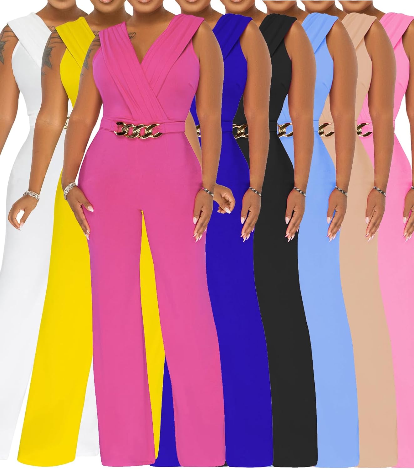 Women's Summer Formal Dressy Jumpsuits Elegant V Neck Sleeveless Party Rompers Stretchy Wrap Wide Leg Long Pants Clubwear - Image 7