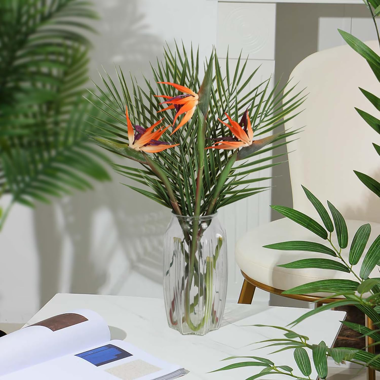 Bird of Paradise Artificial Plant Combo Palm Leaves,Faux Bird of Paradise Plant with Artificial Palm Leaves for Wedding Garden Office Home Indoor and Outdoor Decor(Orange) - Image 4