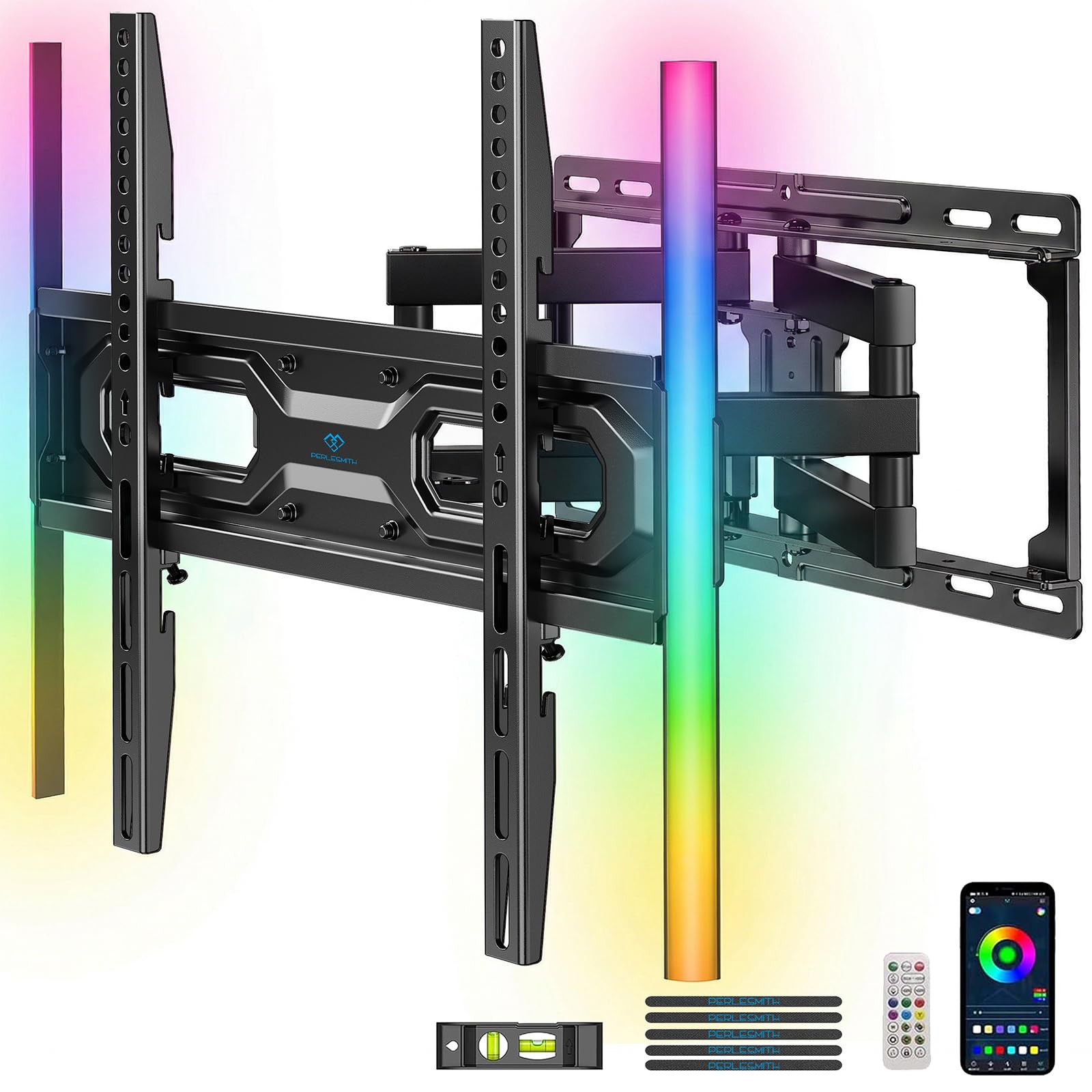 PERLESMITH Full Motion TV Wall Mount with LED Lights for 28-65 Inch TVs, Pre-Assembled TV Mount Up to 88 lbs, Max VESA 400x400mm, Swivel, Extension, Tilt, Music Sync Backlights, Fits 12/16" Wood Studs