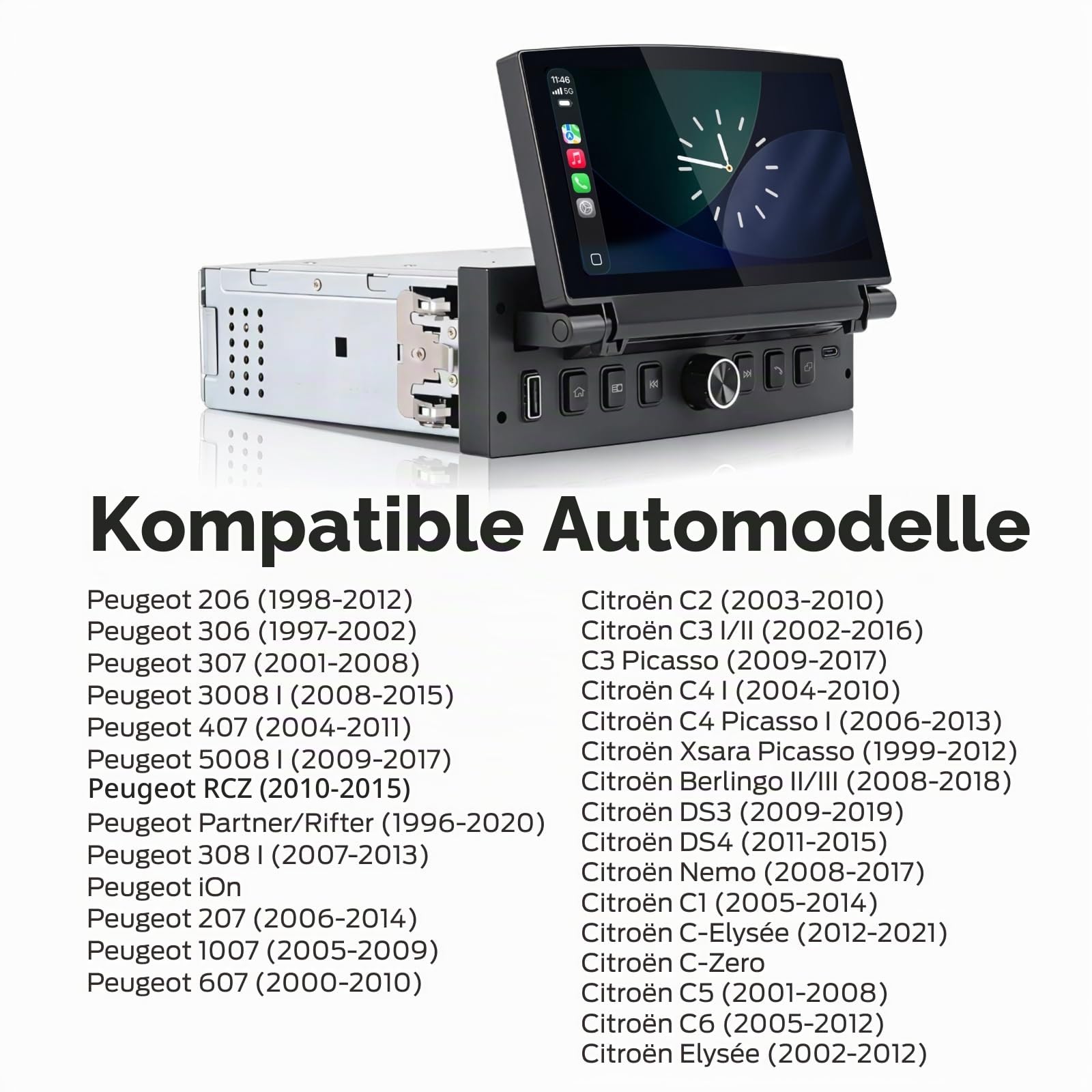 Linux Single DIN Autoradio für Peugeot 3008 206 207 308 Citroën C2 C3 C4 Picasso mit kabellosem CarPlay und Android Auto, ausklappbarem Touchscreen, Plug & Play, Bluetooth, FM/AM-Radio