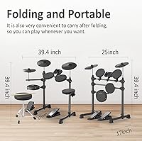 Vista 4 de AODSK Batería eléctrica para principiantes con 150 sonidos, 4 almohadillas silenciosas, 2 pedales, trono, palos, batería electrónica