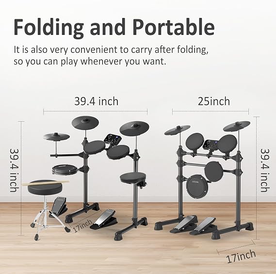 AODSK Electric Drum Set For Beginner 150 Sounds,4 Quiet Drum Pads,2 Pedals
