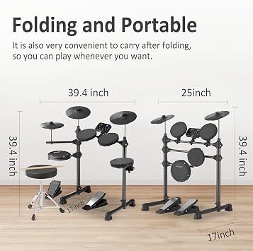 AODSK Electric Drum Set For Beginner 150 Sounds,4 Quiet Drum Pads,2 Pedals