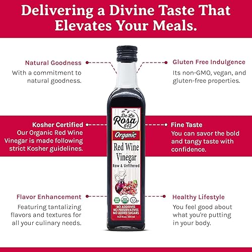 Miniatura 5 de De La Rosa - Vinagre de vino tinto orgánico, crudo y sin filtrar, Kosher para Pascua, vegano, sin OMG y sin gluten, ideal para aderezos de ensalada,