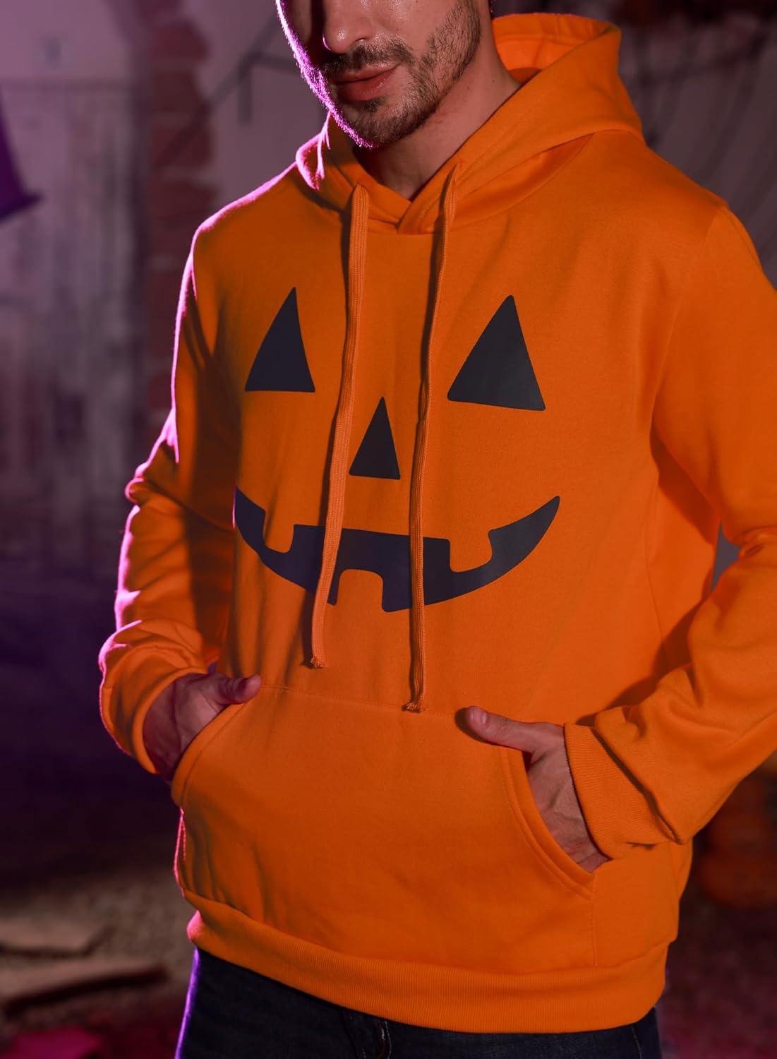 Arvilhill Men Halloween Pumpkin Hoodies Jack O' Lantern Costume With Drawstring Daily Long Sleeve Pullover Orange L - Image 8
