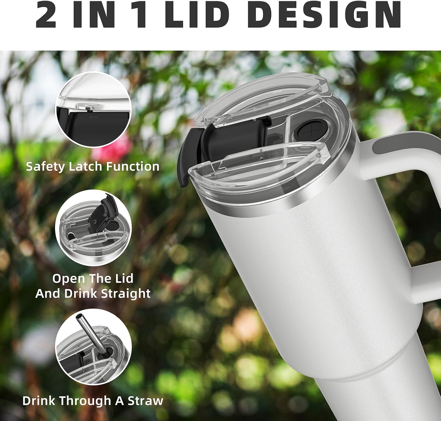 40 oz tumbler with handle and straw,Double Wall Vacuum Reusable Stainless Steel Insulated Water Bottle,With Leak Proof lid and Straw for Iced or Cold Beverages (White) - Image 5