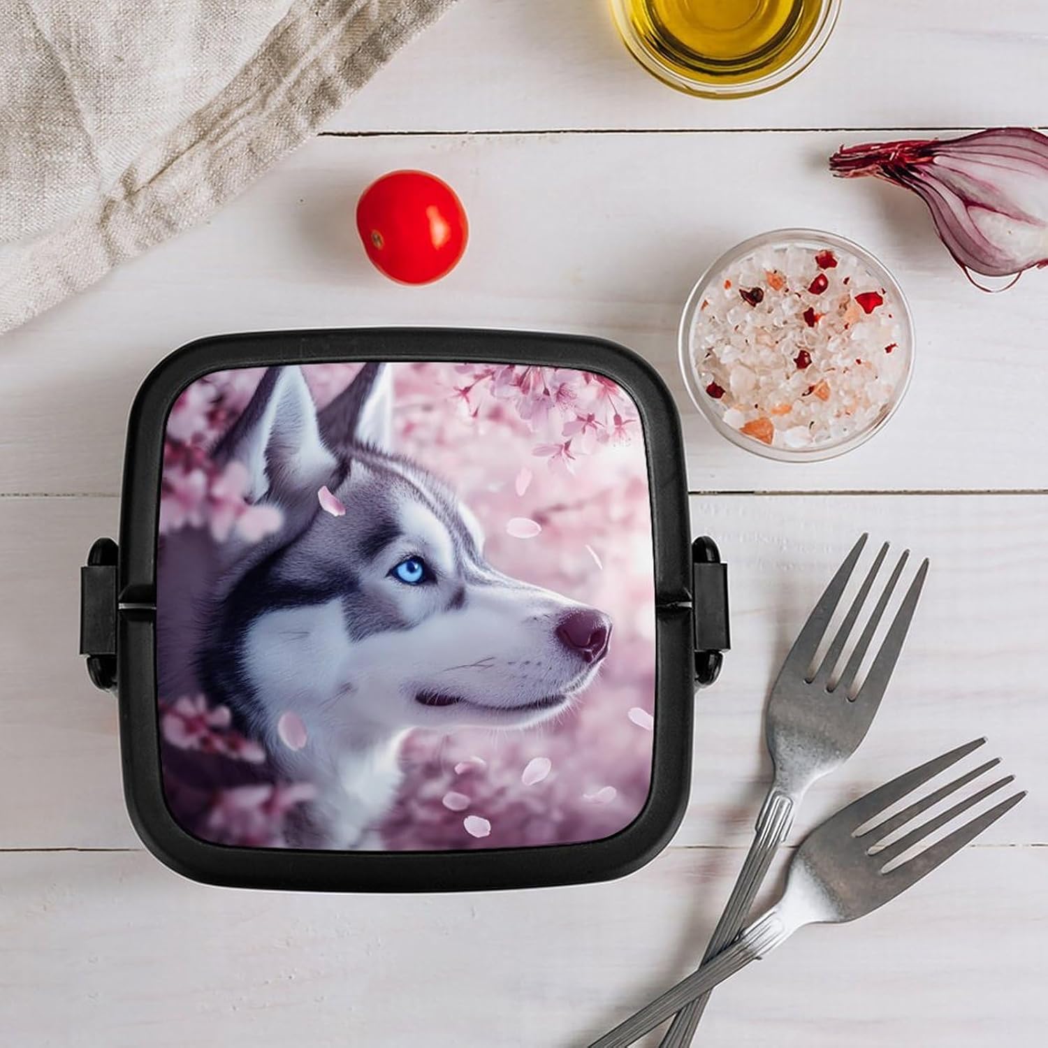 Cute Dog Husky Bento Box with Spoon 2 Layer Food Container Cute Lunch Box for Travel Dining Work