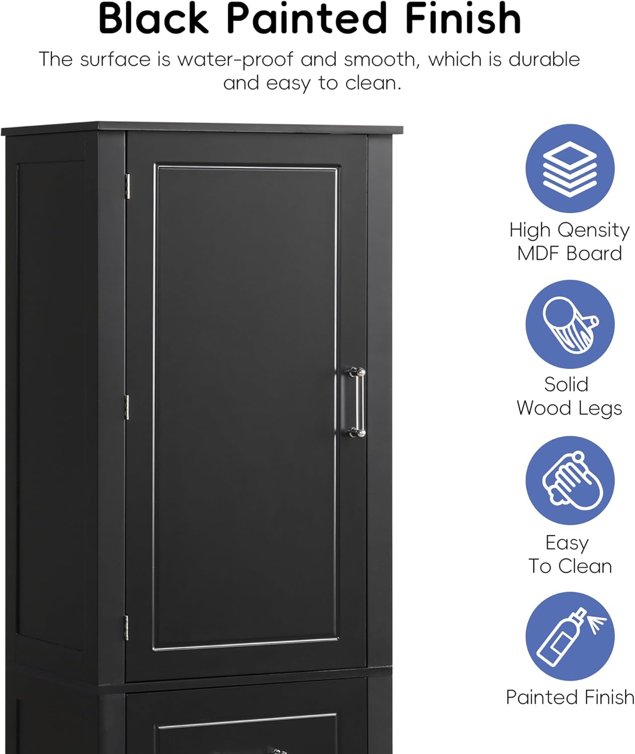 Tall Bathroom Storage Cabinet, Freestanding Linen Cabinet with 1 Door, 4 Shelves, and 2 Drawers, Wood Bathroom Pantry Cabinet with Adjustable Shelves for Living Room, Kitchen, Dining Room (Black)
