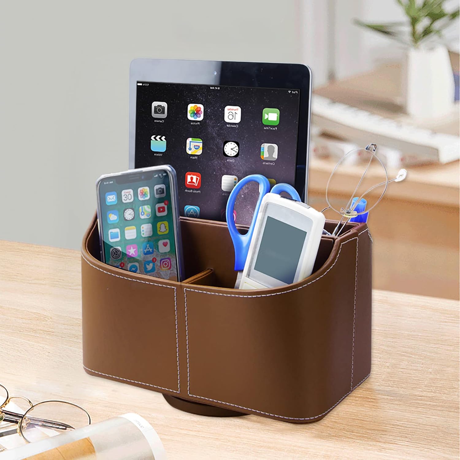New Scale Remote Control Holder, 360 Degree Rotatable Desk Stationery Supply Remote Organizer Storage Box/Caddy，Great for Home Dining Room，Living，Table，CoffeeTable, Bedside Table (Leather Brown) : Office Products