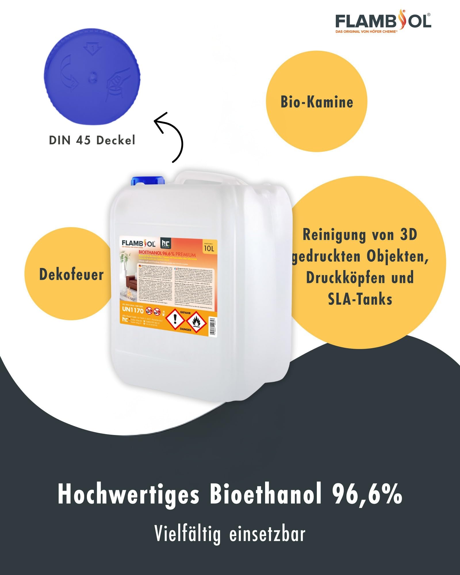 Höfer Chemie Bioethanol 96,6% Premium 3 x 10L - Ethanol für Tischkamin, Kamin & Gartendeko für Draußen - Rauch- und Rußfrei - Aus Mais & Zuckerrüben
