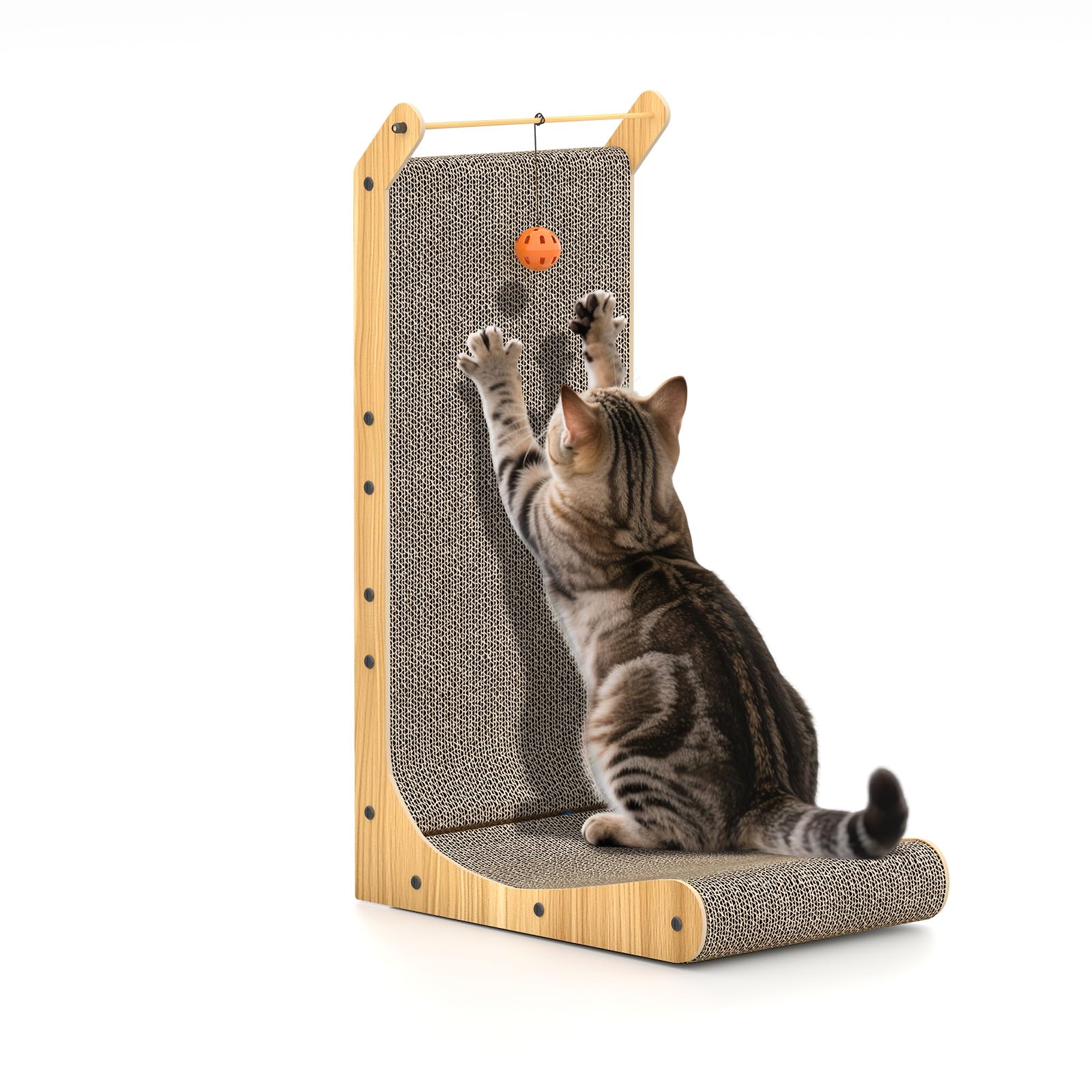 Dogat Cat Scratcher L Shaped Cat Scratching Board 48cm Tall Vertical Scratching Post with Ball Toy Furniture Protector for Indoor Cats Cardboard (48cm)