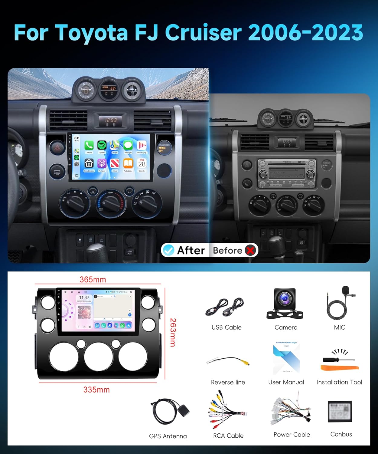 8 Core 6G+128G Android 15 Car Stereo for Toyota FJ Cruiser 2006-2023, Wireless Carplay Android Auto, 9'' Touch Screen with GPS/Bluetooth 5.0/FM RDS/DSP/5G-WiFi 360° Panoramic View Backup Camera SWC