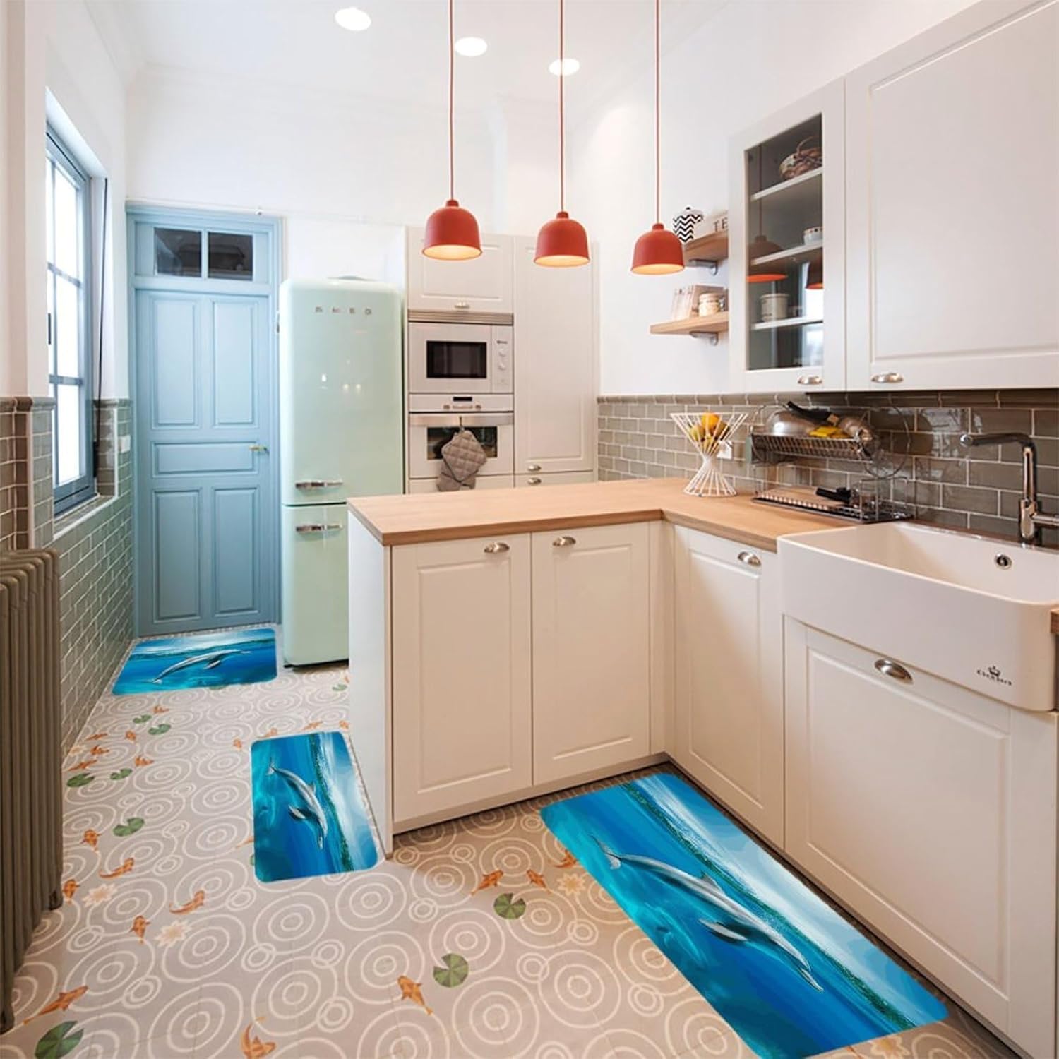 Swimming Dolphin in Blue Sea Kitchen Mats Soft Absorbent Rugs for Floor Non Slip Washable Kitchen Mats Fashion Rectangular Rugs for Three-Piece Set for Laundry Office Home Sink