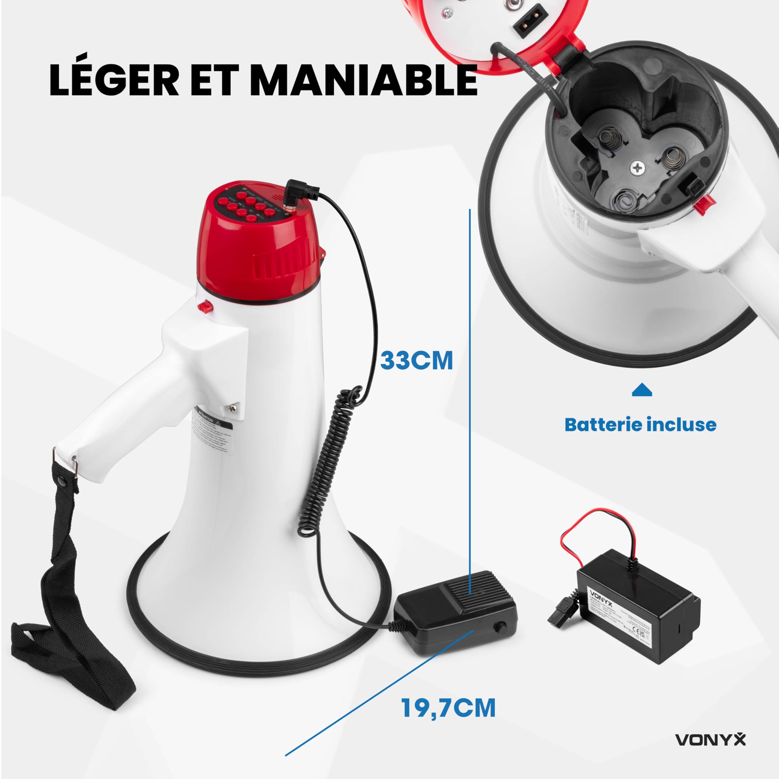 VONYX MEG045 Mégaphone 45W avec Batterie MB60, Idéal pour Manifestations et Matchs Sportifs - Jusqu’à 1 km, Micro Main Détachable, Bluetooth & Lecteur MP3, Dragonne, Réglage du Volume