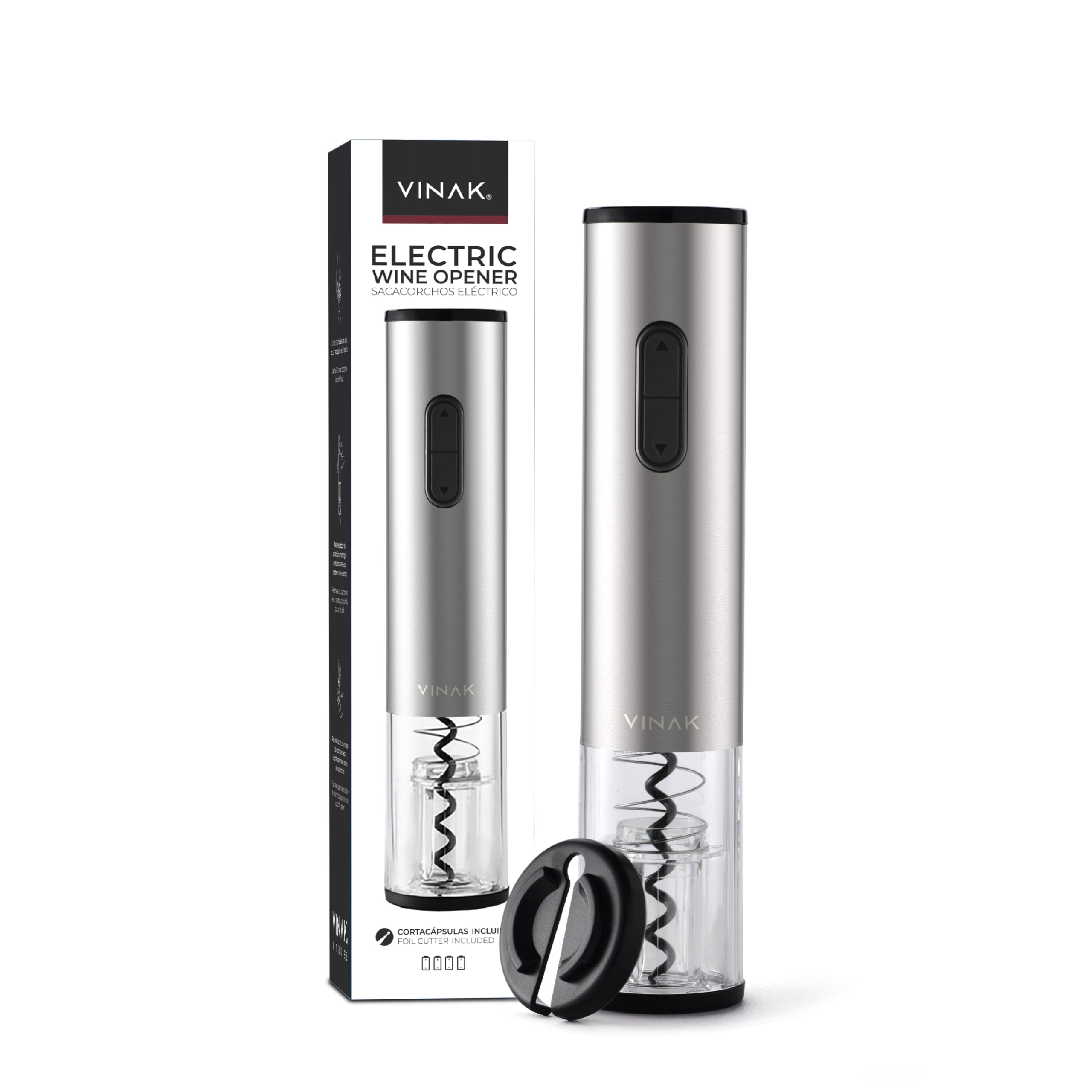 VINAK - Cavatappi elettrico professionale in acciaio inox con tagliapsule e spirale teflonata | Apribottiglie elettrico dal design moderno | Apribottiglie per vino senza sforzo A - Cavatappi Elettrico