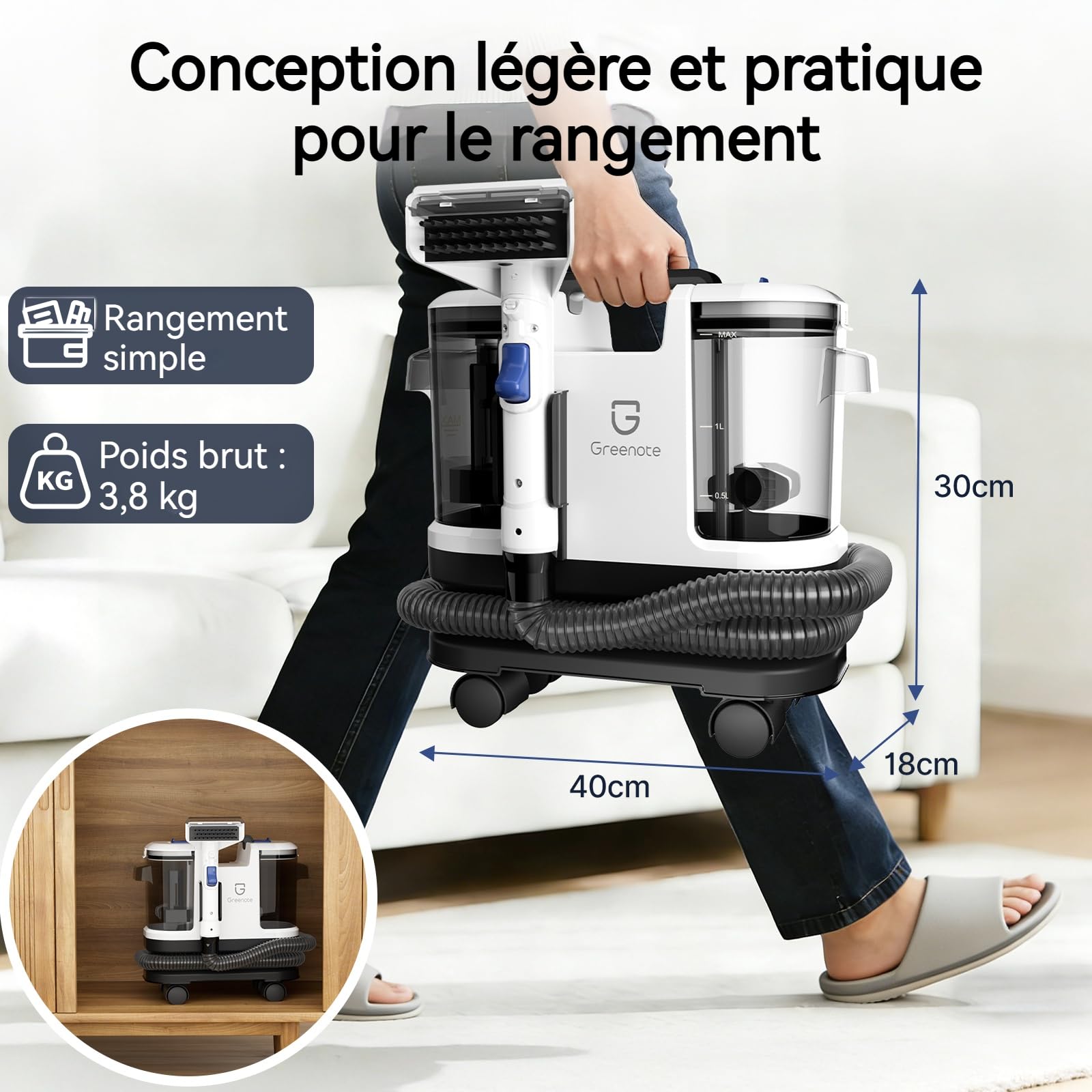 Greenote Nettoyeur de Tapis 600W, 4 Roues Pivotantes pour une Maniabilité Exceptionnelle, Rangement Compact, Réservoirs 1,8L/0,8L, Flexible 1,5m et Câble 5m,Nettoyage des canapés et des voitures