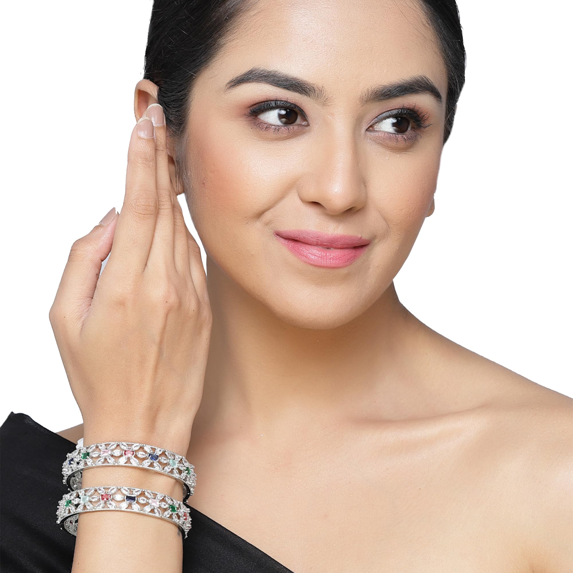 Rhodium-Plated Silver Toned American Diamond Bangle Set